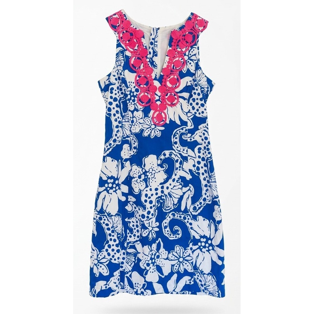 Lilly Pulitzer Augusta Sea Blue Quahog Chowdah Lace Front Shift Dress, Size 00